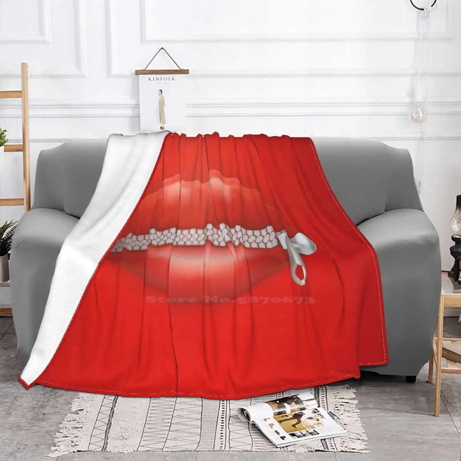 Womans Mouth With Closed Red Lips Trend Style Funny Fashion Soft Throw Blanket Red Lipstick Secret Pocket Luxury Makeup Makeup