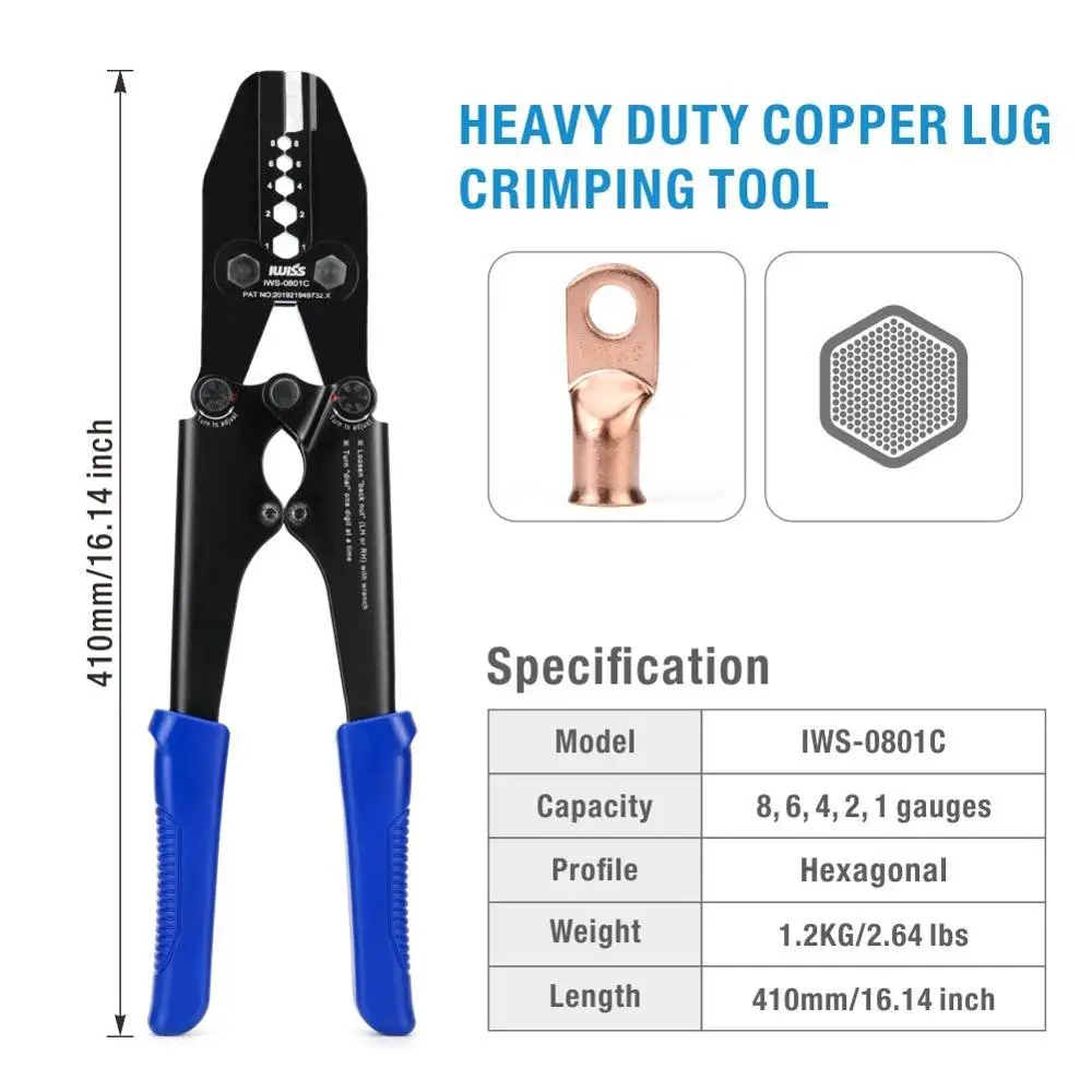 IWISS IWS-0801C crimping pliers Battery Cable Lug Crimping Tool from AWG 8-1 with Built-in Cable Cutter