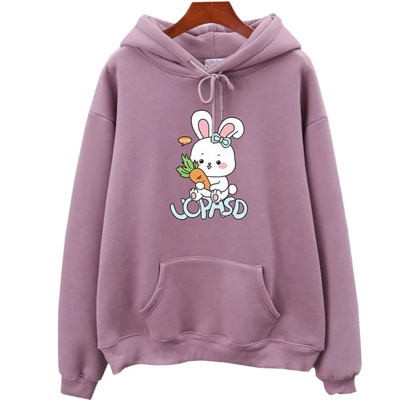 

Plus Velvet Winter Casual Women Hoodie Oversized To Keep Warm Sweatshirt Harajuku Print Cartoon Carrot Bunny Pullover Female