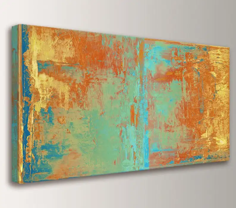 

Large Wall Art Canvas Painting Abstract Wall Art Orange Yellow Teal and Green Abstract Painting Extra Large Oversized Canvas Art