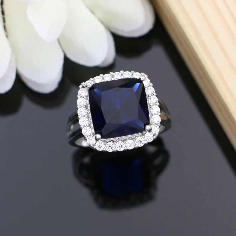 925 Silver Jewelry Sets Square Blue Sapphire Costume for Women Hoop Earrings Rings Bracelet Necklace Set Dropshipping