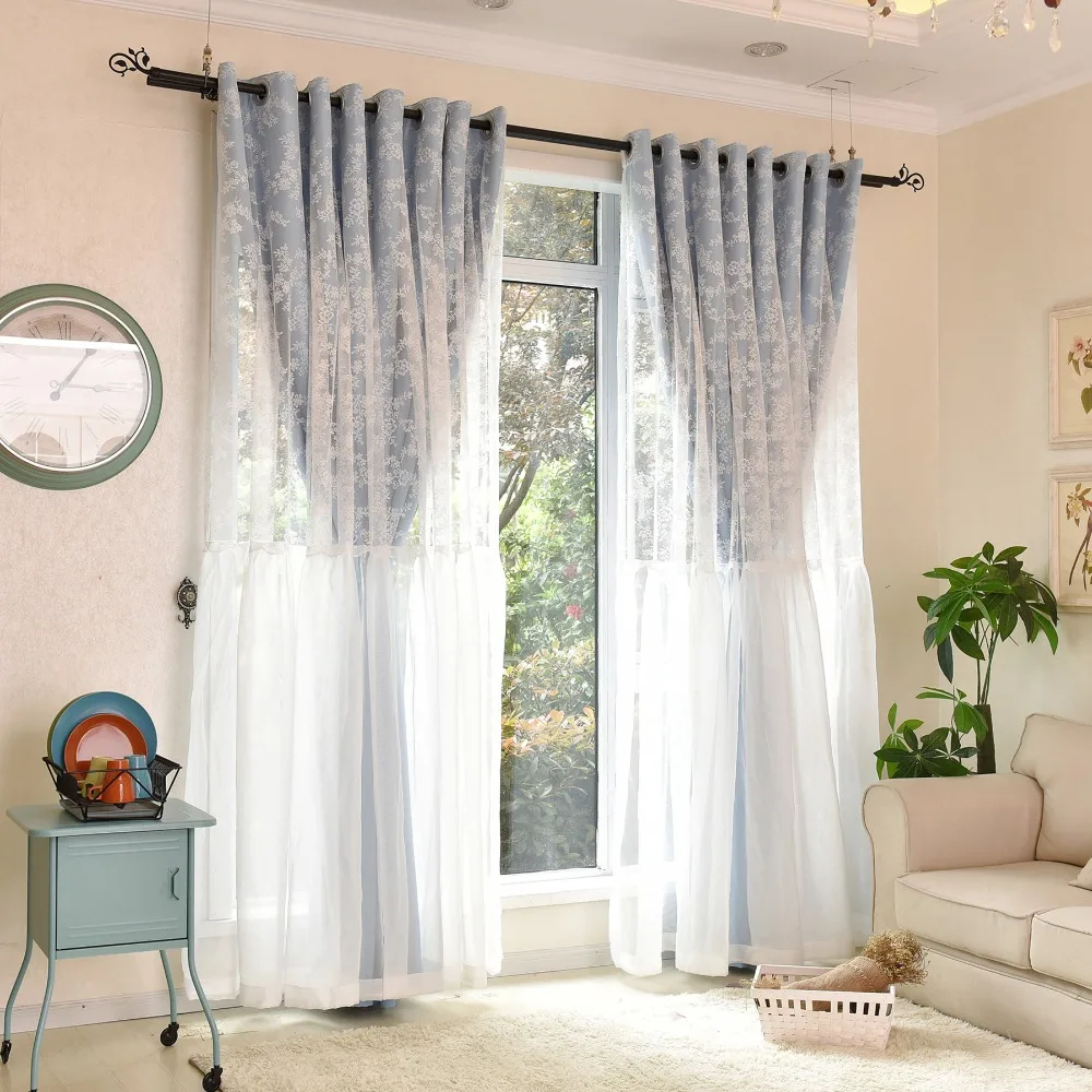 

Pastoral 1 PC Solid Color Blackout Curtain and 1 PC Lace Floral Tulle Window Curtains Set for Bedroom /Living Room