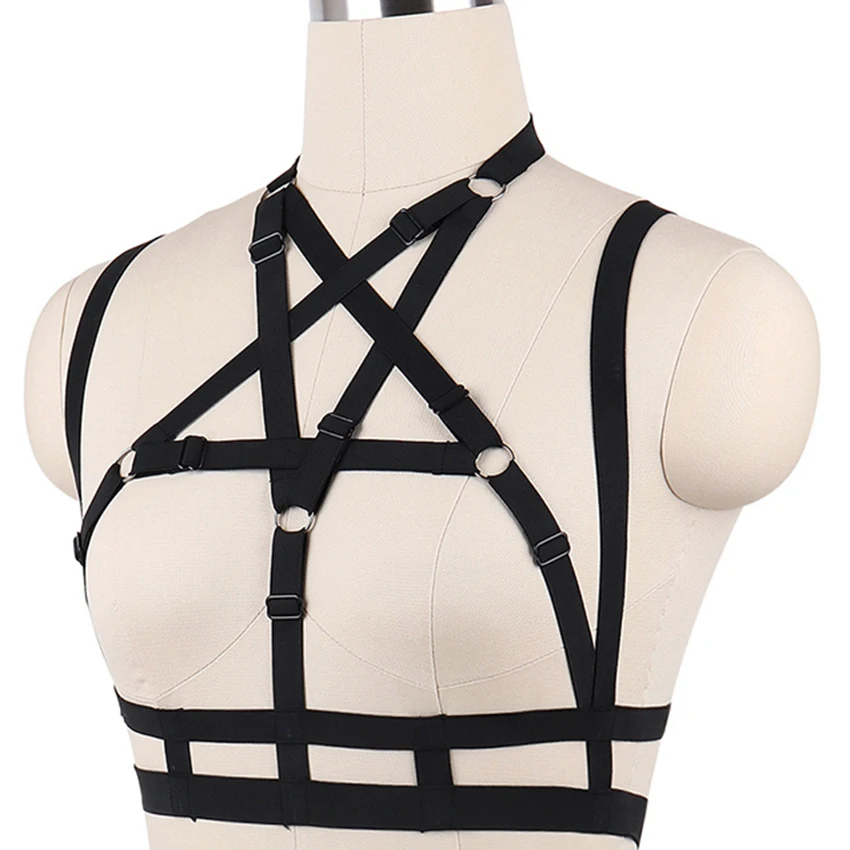 Pastel Goth Black Pentagram Cage Bra Sexy Lingerie Bondage Body Harness Belt Punk Open Chest Star Body Cage Woman Harness Bra