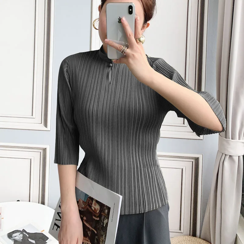 

miyak pleated middle-sleeved top autumn 21 new retro stand-up collar one-button skinny thin T-shirts slimming casual Tees