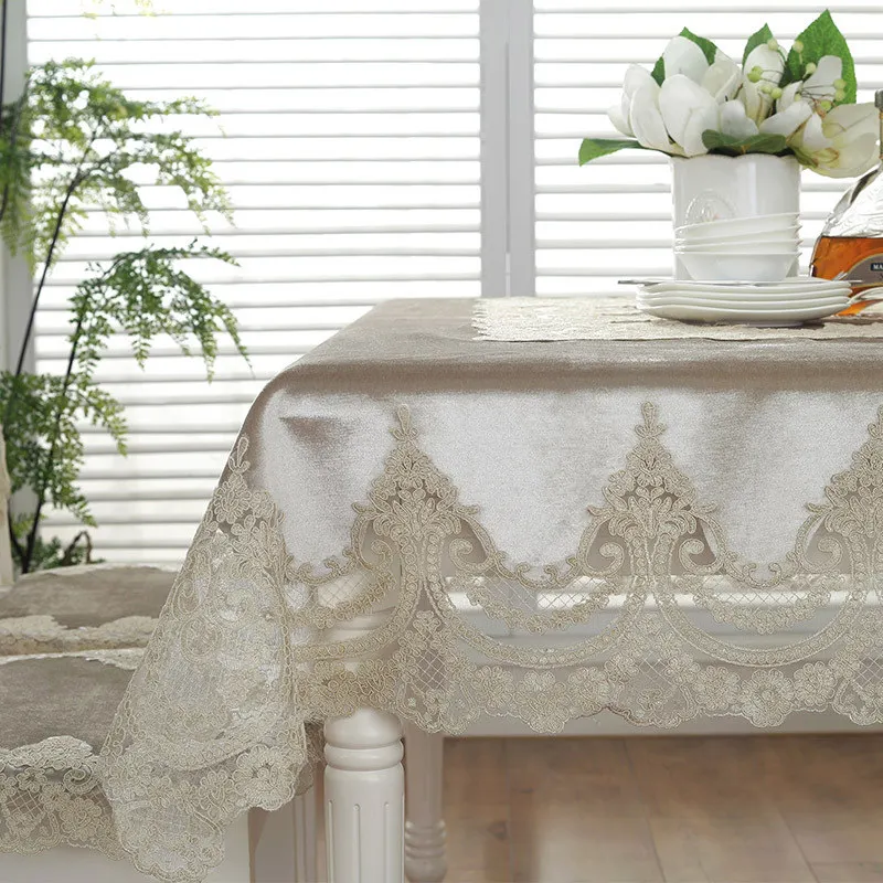 

Vintage Beige Soft Velvet Rectangular Tablecloths with Lace, Dining Party Event, Coffee, Square Fabric Table Cover