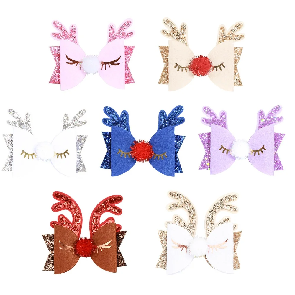 

Boutique 15pcs Cute Glitter Reindeer Bowknot Hairpins Eyelash Pom Pom Bow Hair Clips Princess XMAS Headwear Hair Accessories