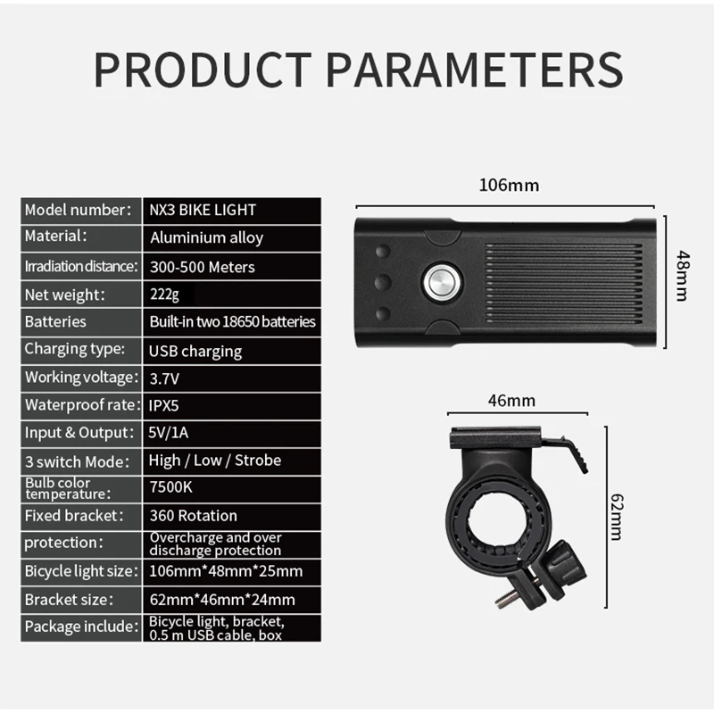 5200mAh 강력한 자전거 라이트 L2/T6 USB 충전식 자전거 라이트 IPX5 방수 LED 손전등을 보조베터리 자전거 액세서리