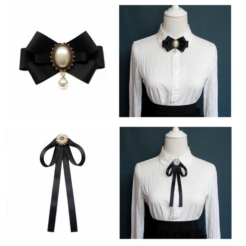 Imitation Pearl Ribbon Brooches Pin Bow Tie Vintage Pre-Tied Collar Jewelry Bowknot Shirt Necktie Clip for Women Girls