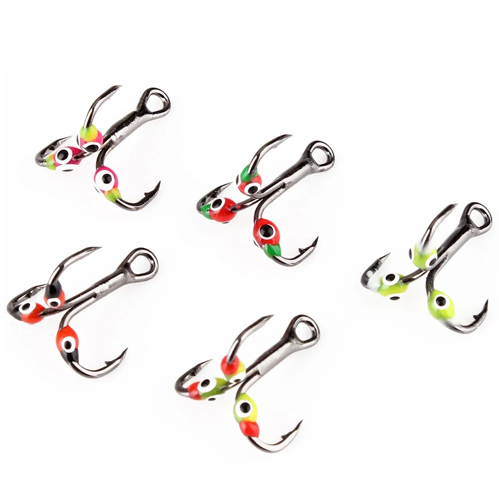 FISH KING-anzuelos de pesca en hielo de 0,4/0,6/0,8g, señuelo duro de acero de alto carbono con púas, anzuelos triples para pesca de carpa y lubina