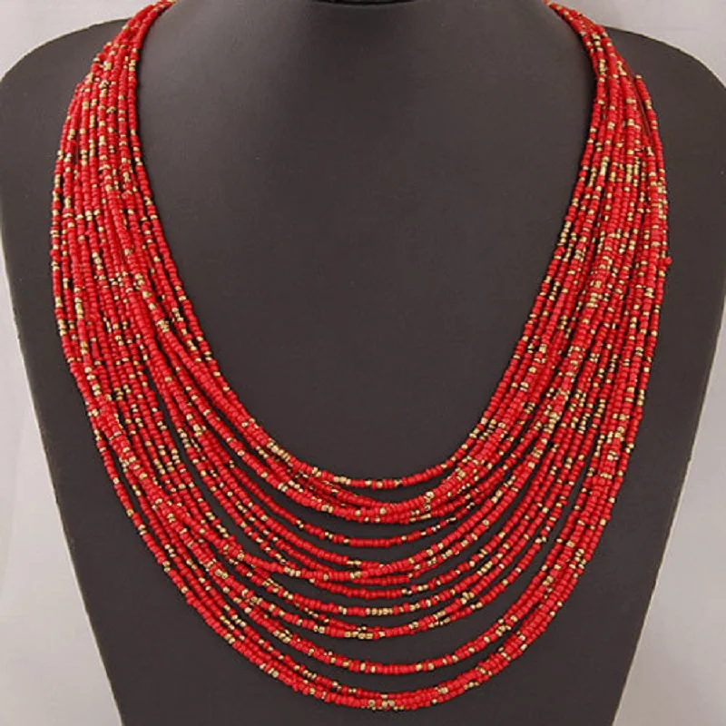 Fashion new bohemian women necklace long chain rice bead necklace trinket