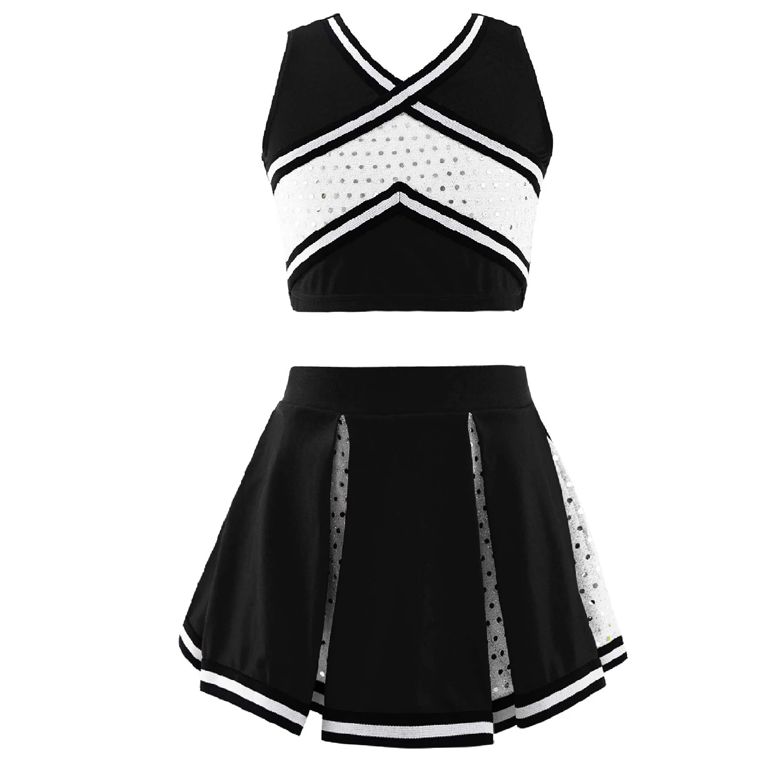 Uniforme de pom-pom girl pour enfants filles, Costume de pom-pom girl écolières, ensemble de vêtements de danse, haut sans manches + jupe, tenue à paillettes pour enfants