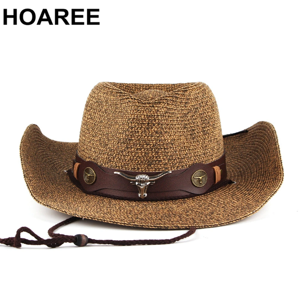 

HOAREE Cowboy Hat Men's Sun Hat Wide Brim Fedora Hat Belt Decorate Beach Straw Hat for Men UV Protection Cap Chapeau Femme