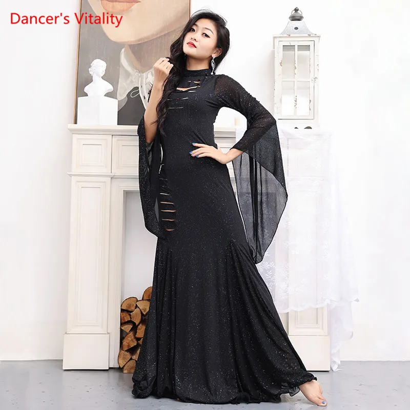 Belly Dance Dress Round Neck Sequins Long Skirt Flared Sleeves Competition Clothes Woman Elegant Performance Clothing