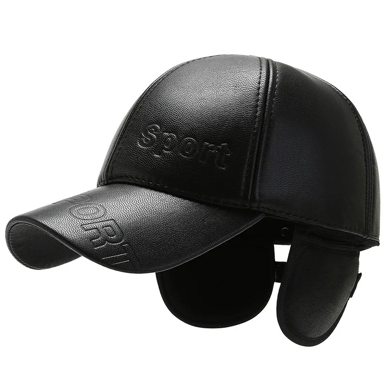 Men Sport Letter Sunscreen SunShade Baseball Cap Winter Elderly Men Windproof Protect Ears Warm PU Leather Adjustable Hats U73