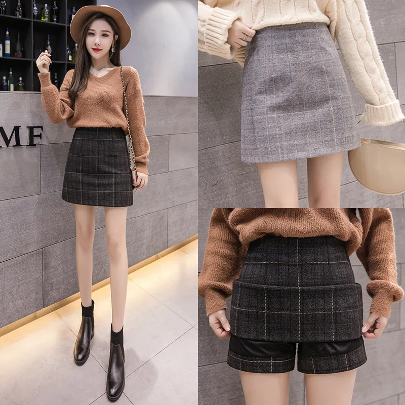 Women\'s Thick Woolen Skirt, High Waist Mini Plaid Skirts, Warm Wool Boots, Autumn, Winter