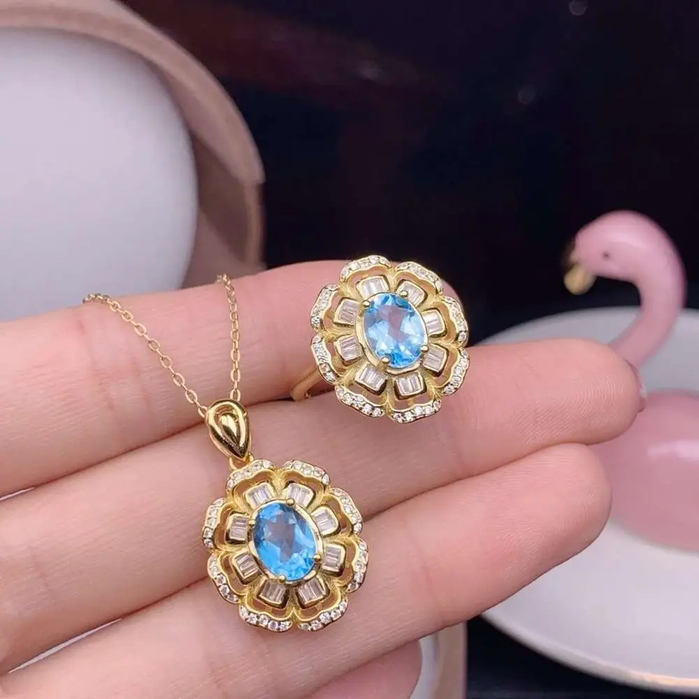 

attractive new ocean blue topaz gemstone ring necklace jewelry set exquisite silver ornament natural gem classic color girl gift