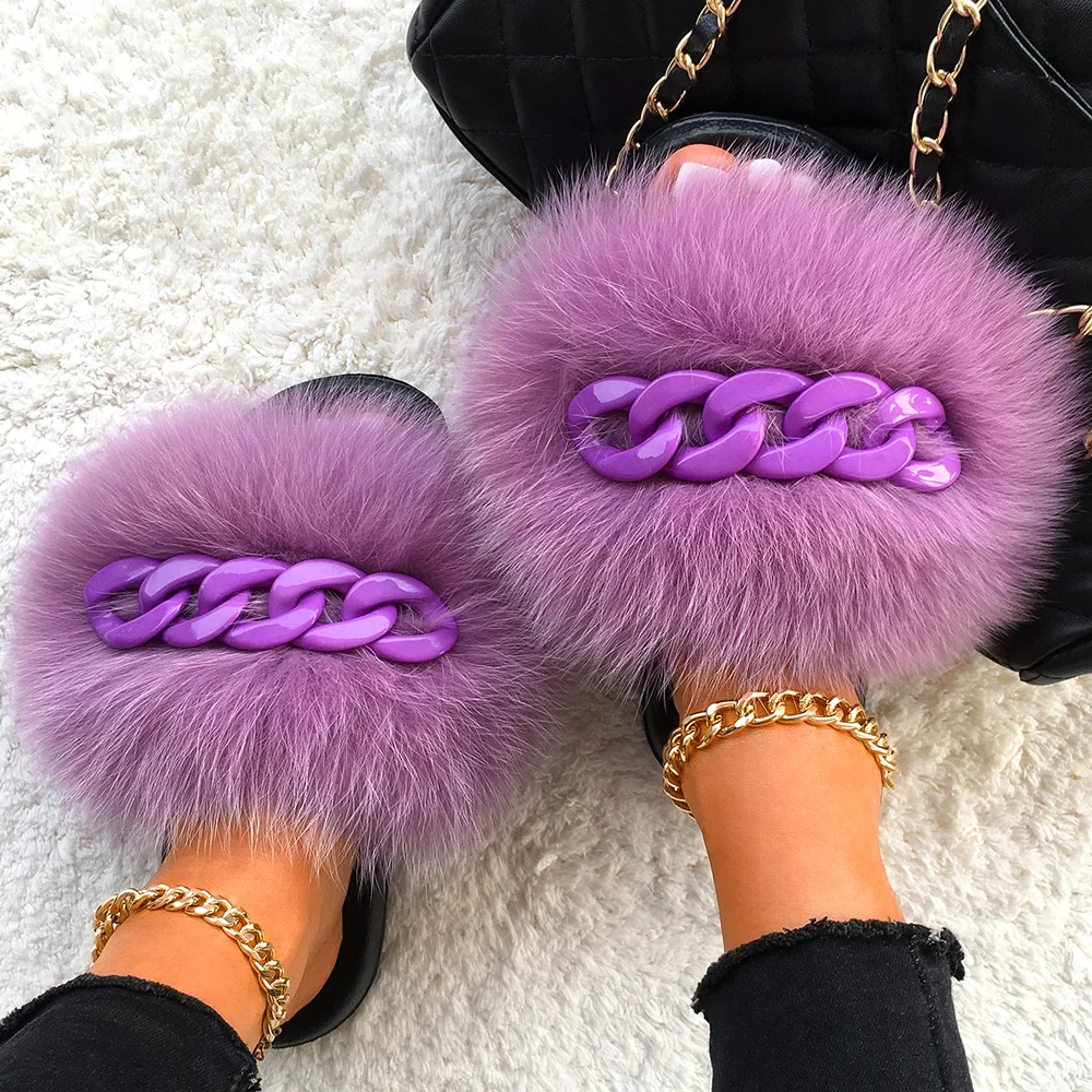 Real Fox Fur Slippers Fluffy Flip Flops Shiny Chain Furry Fur Slides Plush House Slippers Women Beach Flat Sandals Summer Shoes