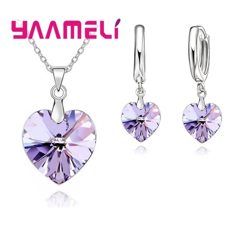 Liefde Hart Vorm Vrouwen 925 Sterling Zilver Bruids Sieraden Set Voor Bruiloft Mode Kristallen Hangers Kettingen Oorbel Set