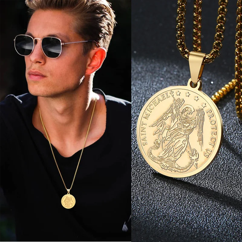 CATHOLIC FAITH MEN'S WHO IS LIKE GOD ST. MICHAEL BADGE MEDAL PENDANT NECKLACE FOR MEN JEWELRY WITH 24INCH