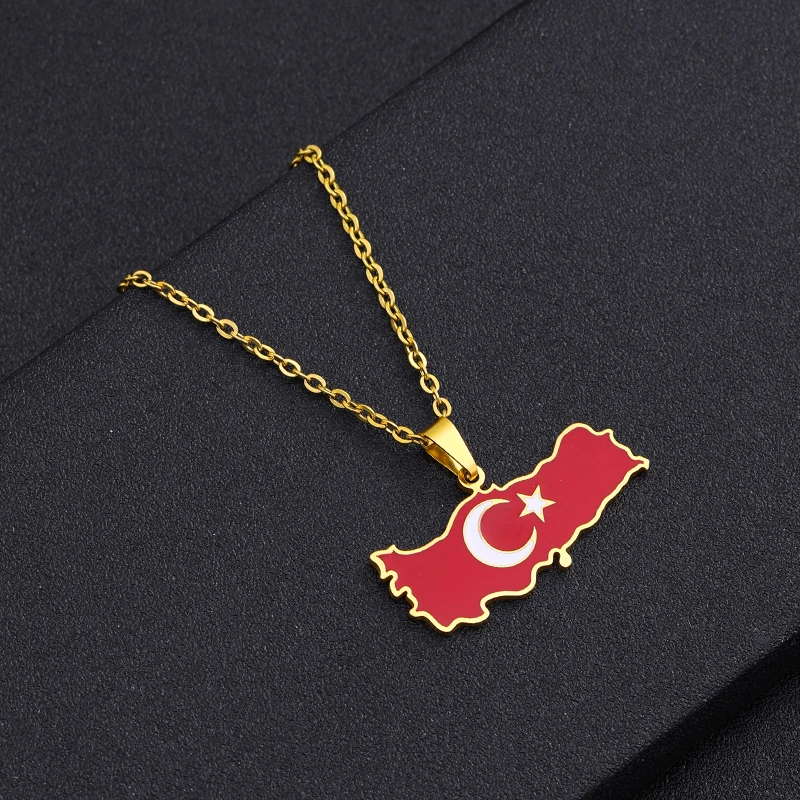 Enamel Turkey Map Flag Stainless steel Necklace Pendant Women Turkish Gold Color Ethnic Birthday Party Anniversar Jewelry Gifts