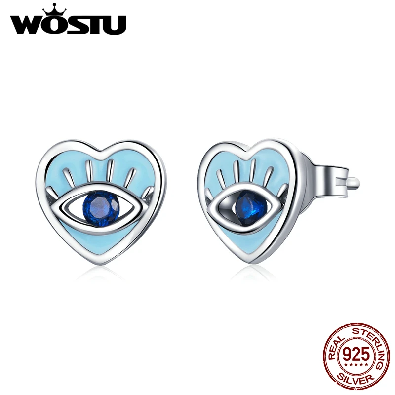 WOSTU 925 Sterling Silver Love Eye Stud Earrings Blue Enamel Earrings For Women Fashion Silver Jewelry CQE1134