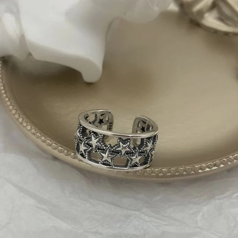 

925 Sterling Silver Vintage Personality Hollow Star Adjustable Thai Silver Ring For Women Finger Party Night Club Jewelry Rings