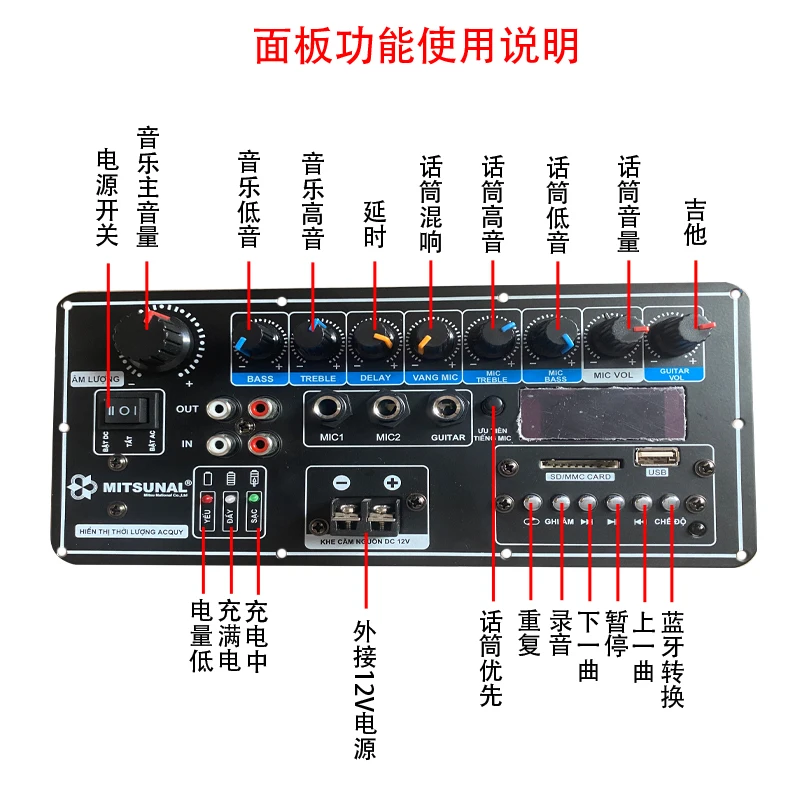 12V Battery 220V High Power Square Dance Bluetooth-compatible Power Amplifier Board Portable Trolley Mobile Speaker Power Amplif