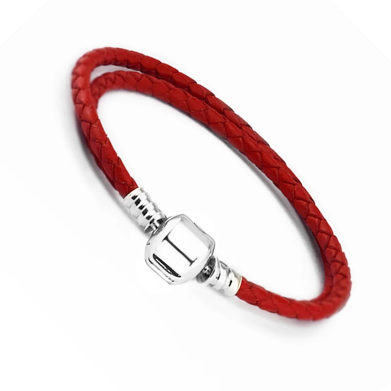 Dark Red Moments Double Woven Leather Bracelet Fits Original sterling silver Charms & Beads For Woman DIY Jewelry Making