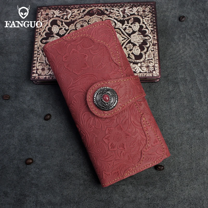 Handmade Genuine Leather Women Wallet Retro Classic Long Purse Mulit-function Phone Holder Credit Card Slot With Zipper Pocket