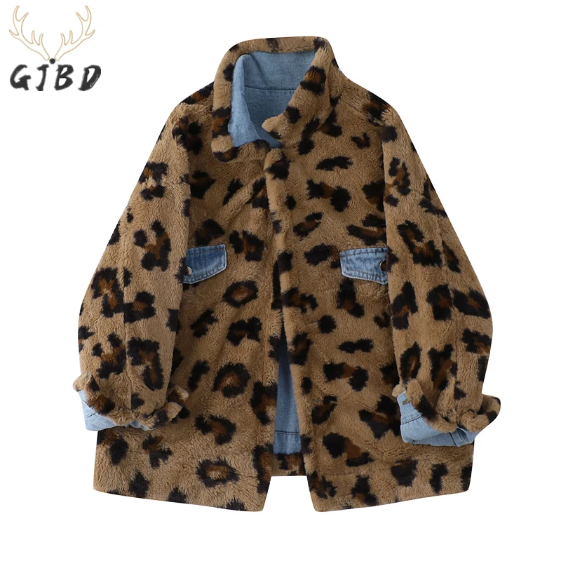 Women's Lamb Wool Denim Jackets Winter Long Sleeves Streetwear Chic Design Leopard Print Fashion Casual Baggy Jean Jackets Coat