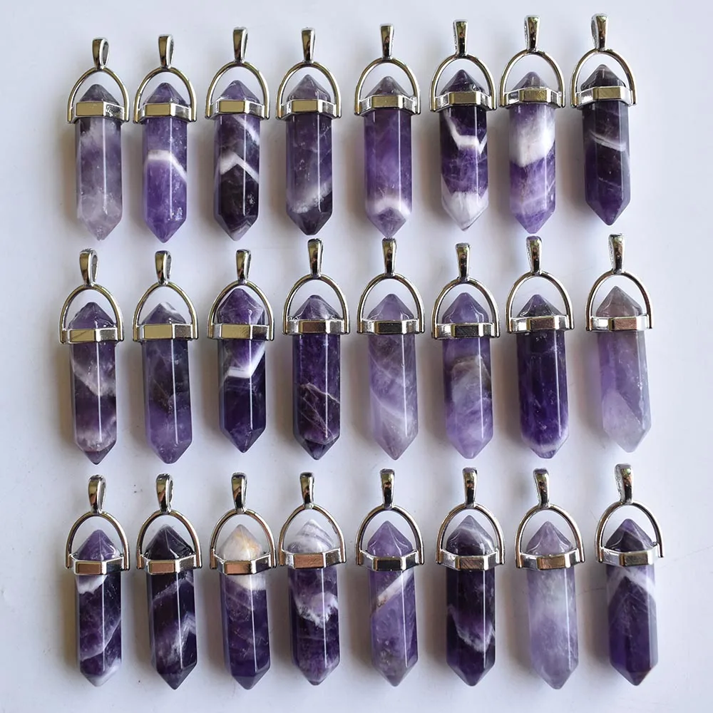 Modische, hochwertige Naturstein-Streifen-Amethyst-Säulenanhänger für die Schmuckherstellung, 24 Stück/Lot, Großhandel, kostenloser Versand. – Detail 1