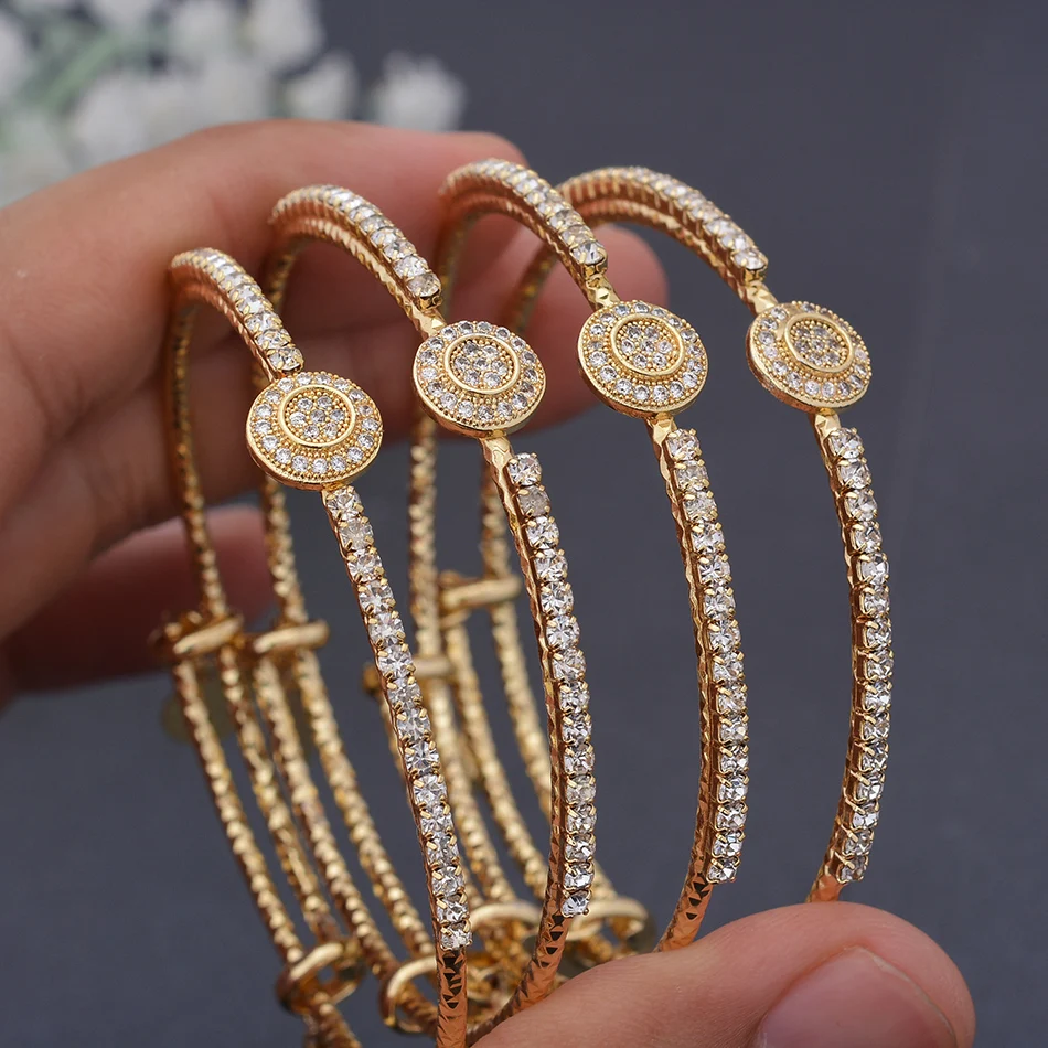 4pcs/Set 24K Dubai Gold Color African Bridal Bangles For Girl  Micro mosaic Wedding Not Can Open Bracelet&Bangles Jewelry