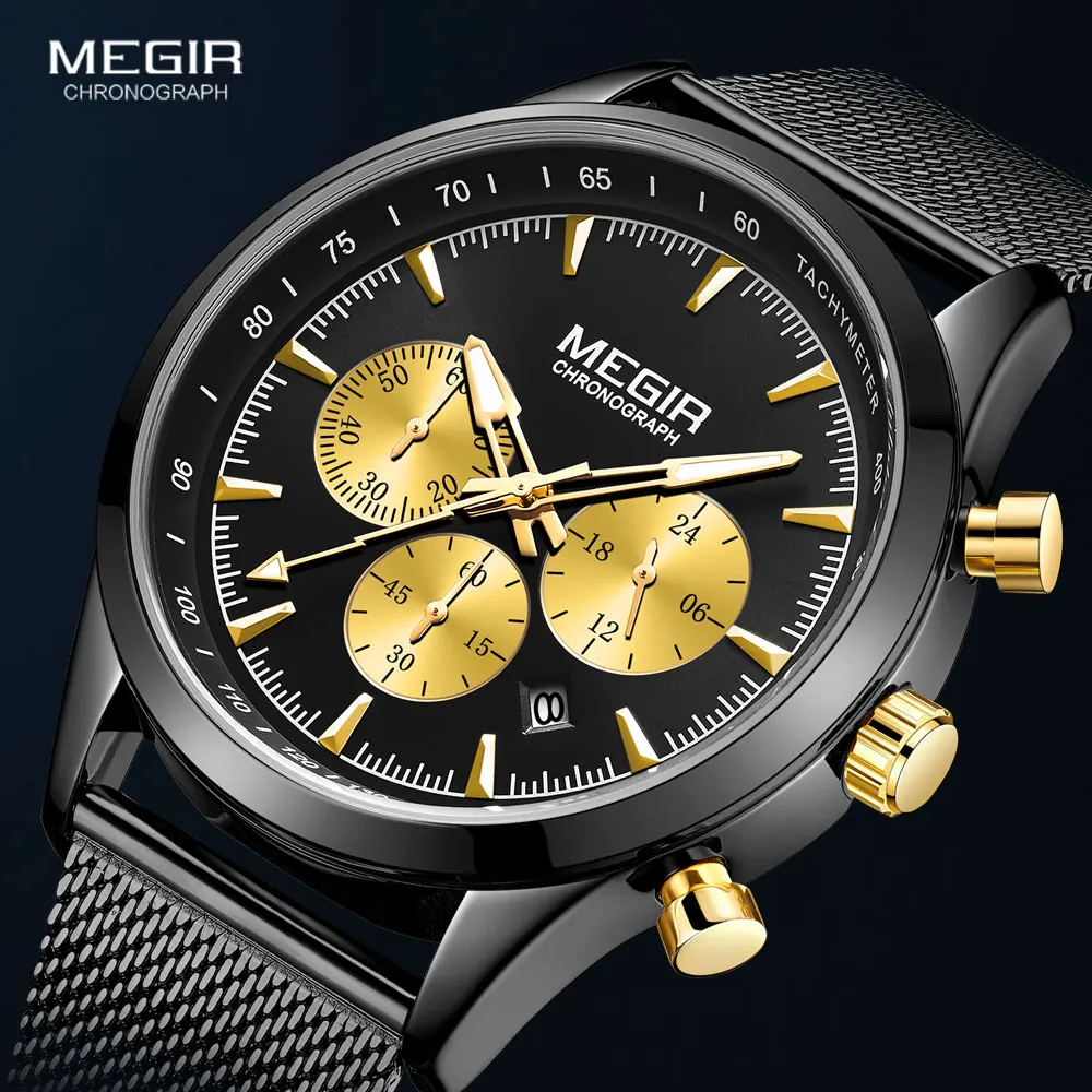 

MEGIR Military Sports Watches Men 2020 New Luxury Waterproof Luminous Wristwatch Man Black Gold Mesh Band Chronograph Watch 2153