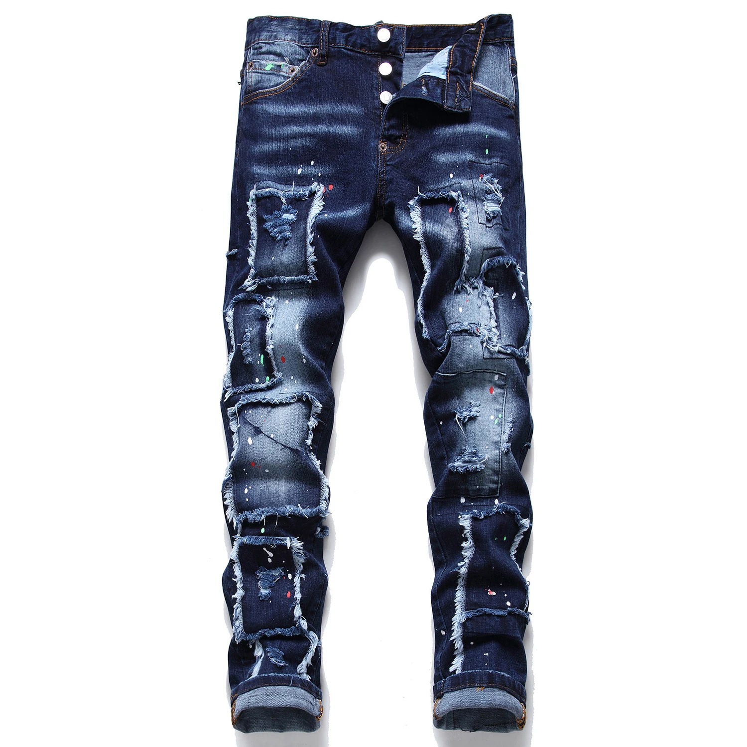 Mens printed light luxury denim pants distress patched slimming jeans color-dot painted men’s casual jeans pants