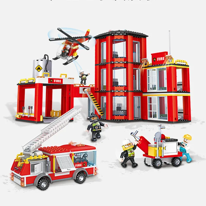 City Fire Station Building Blocks Truck Helicopter Boat Car Firefighter Bricks Assembled DIY Educational Toys For Children Gifts