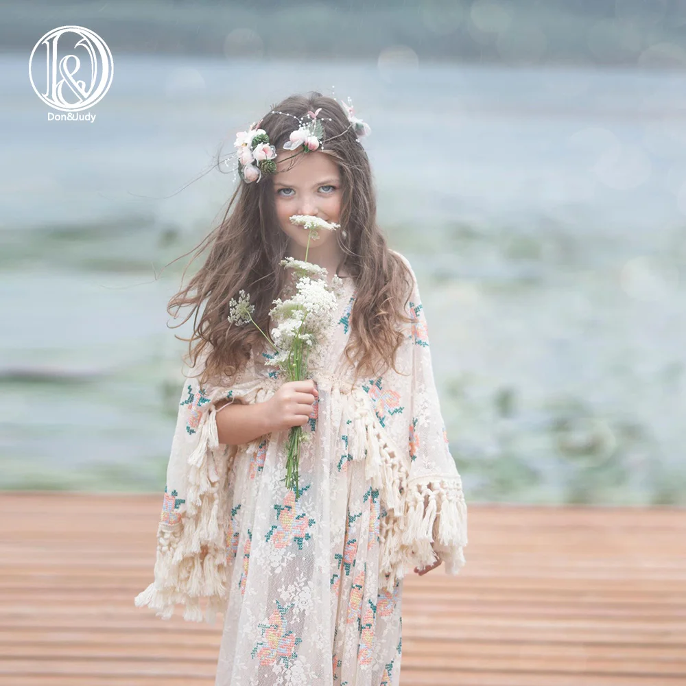 Don&Judy Boho Lace Little Girl Floral Dresses for Photo Shoot Party Evening Tassels Gown Princess Clothes Photography Prop 2023