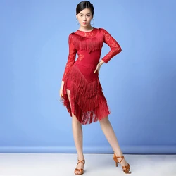 New Women Dance Clothes Salsa Samba Wear Long Sleeves Spandex 2 Pieces Fringes Latin Dresses Top and Short Skirt