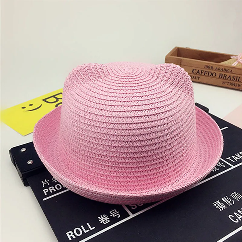 Cute Cat Ear Breathable Curved Brim Children\'s Summer Hat Sun Protection Caps Girl Cap Sun Hat Beach Hat Trave Paper Straw Hat