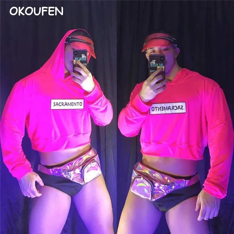 

Fashion New Men's Fluorescent Pink DJ Suit Costume hip-hop brand tide stage show bar dancer leading dance Group dance outfit