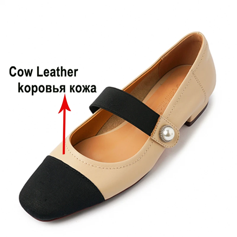 Meotina Women Mary Janes Shoes Genuine Leather Flat Shoes Square Toe Hook Ladies Footwear 2022 Spring Beige Apricot Cow Leather