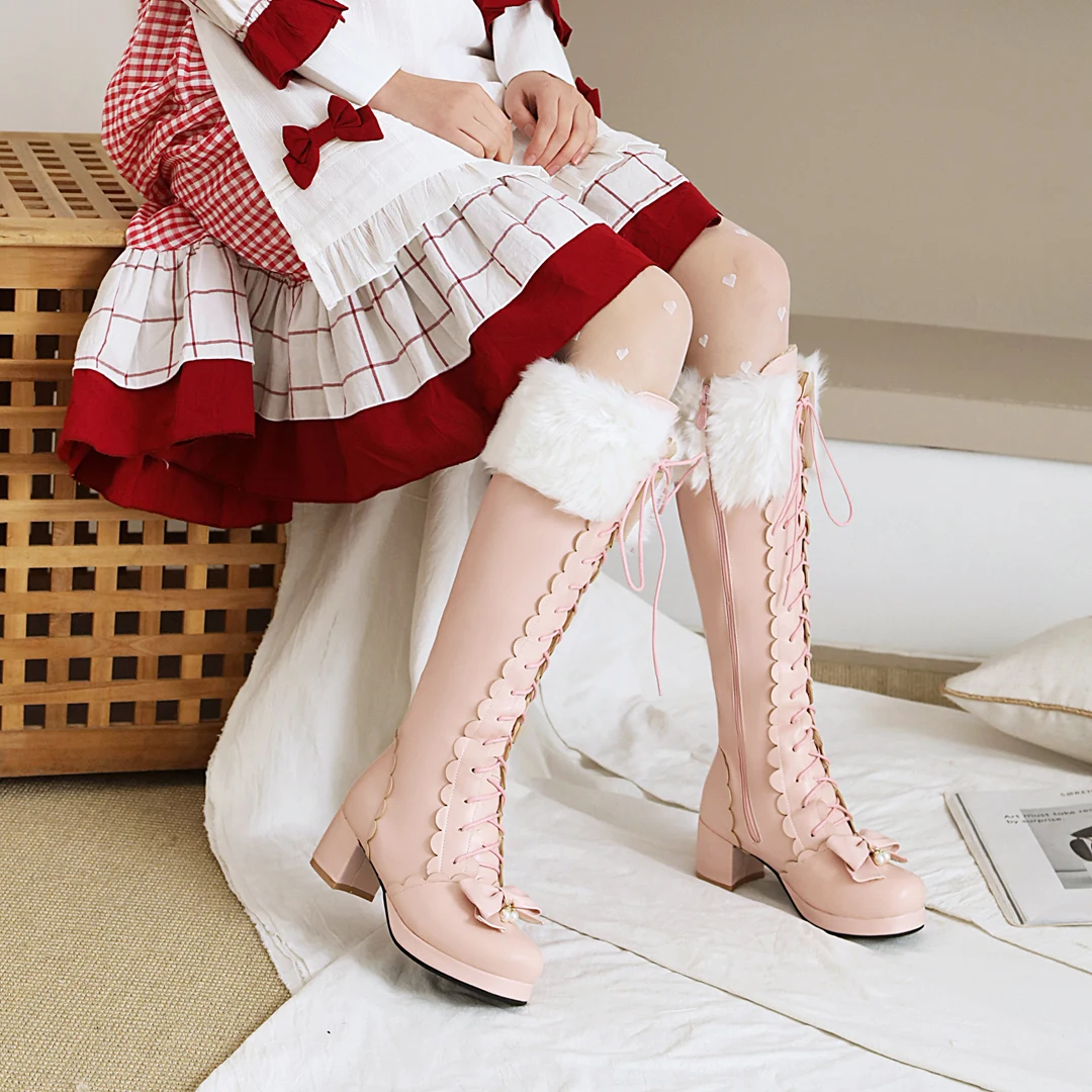 Plus Size Winter Women Wedding Bridal Shoes White Pink Fur Neck Bow Ruffles Princess Uniform Lolita Cosplay JK Knee High Boots