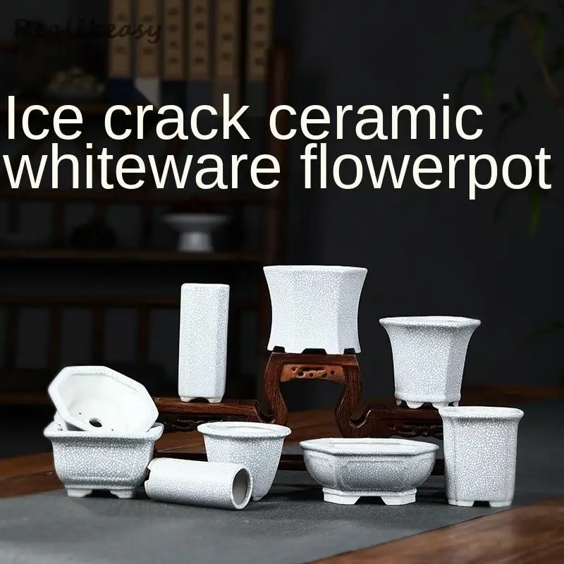 Chinese Style White Pot Ceramic Ice Cracked Glaze Flowerpot Ornaments Micro Bonsai Succulent Potted Flower pot Home Decor LB553