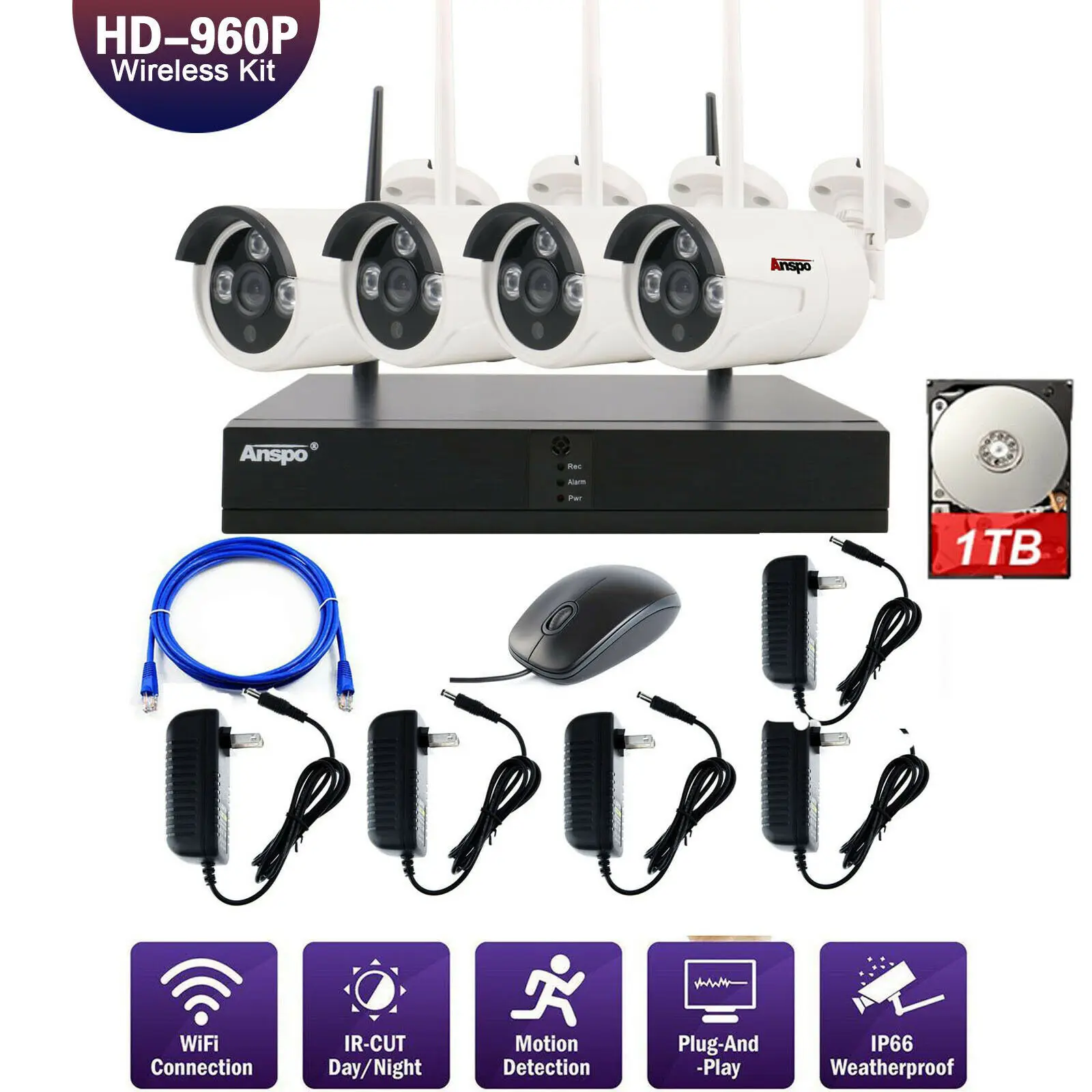 Anspo 4CH Wifi NVR 960P HD Outdoor Wireless Security Camera System with 1TB HDD