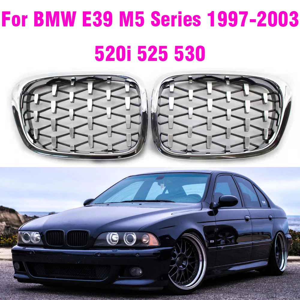 Front Diamond Kidney Grille Gypsophila Grille For BMW E39 M5 Series 1997-2003 520i 525 530 ABS Silver Black