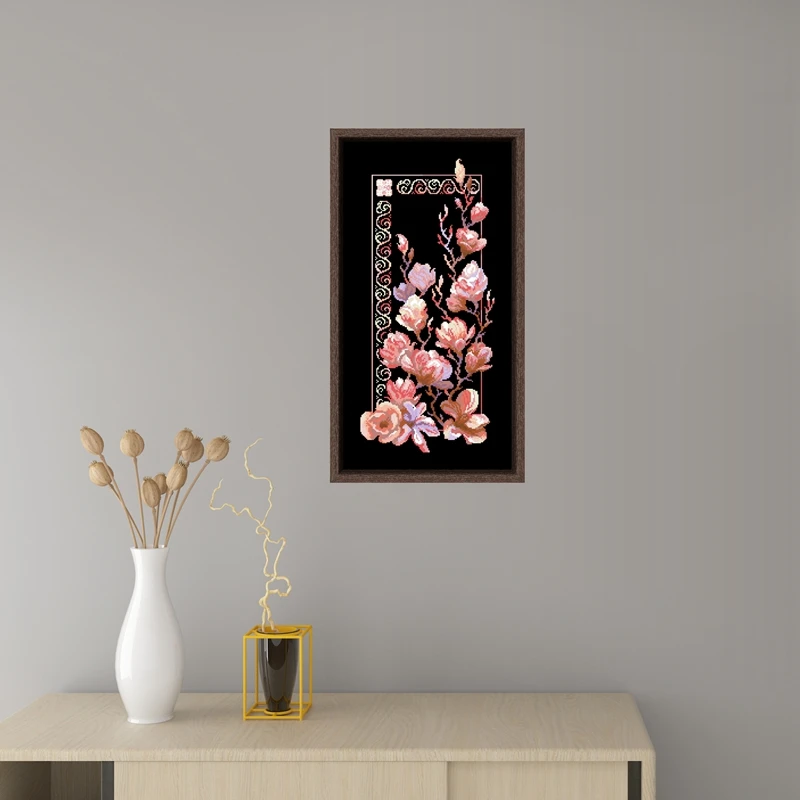 Pink flowers cross embroidery kit flower pattern design 18ct 14ct 11ct black canvas Cross-stitch DIY needlework