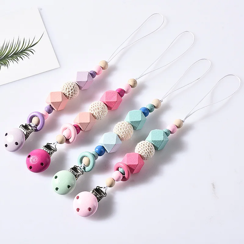 1Pcs Handmade Wooden Pacifier Chains Safe Teething Chain  Cute Soother Baby Teether Eco-friendly Pacifier Clips Holder Chain