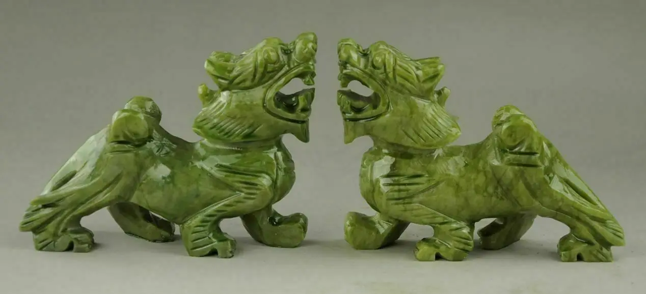 

Exquisite Chinese Hand Carved Natural green Jade Dragon Pixiu Statue Pair RT