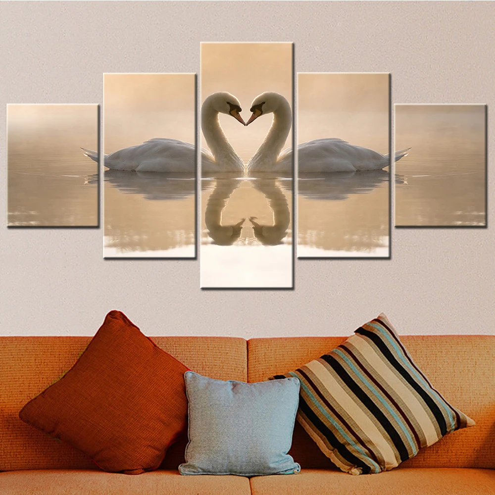 Swans Couple Heart Wall Art Canvas Set Modular Love Painting Room Decoration Teenager Lake View Posters on the Wall Home Decor