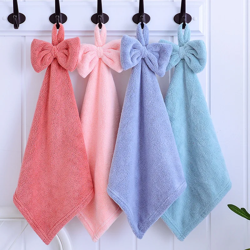 Twisted Bowknot Hand Towel, Pure Color, Soft Coral Fleece Towels with Hanging Strap, Kitchen Household Cleaning Cloth