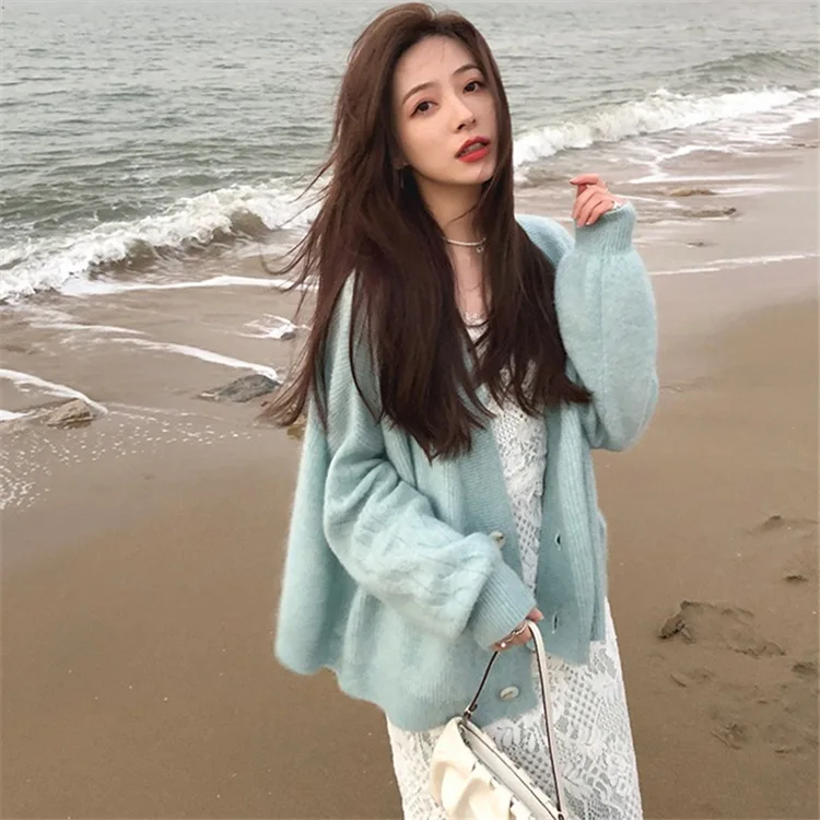 Cardigan Women Blue Knit Sweater Simple Popular Chic Casual  Loose Outerwear Female Top Autumn Trendy Hot Pull Oversize Femme